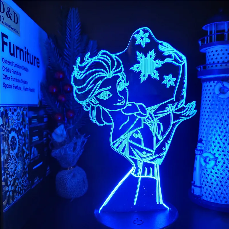 Frozen Princess 3D Visual Lamp Anna Elsa Olfa Figurine LED Night Light Acrylic Illusion Table Lamp Home Decor Kids Toys