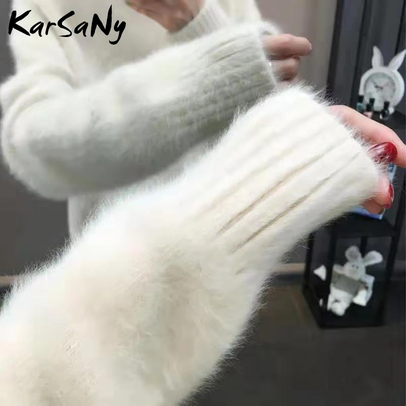 KarSaNy Winter Mink Cashmere Thick Sweater Women Jumper White Pull Femme Loose Pullover Knitted Fluffy Sweaters For Women Winter