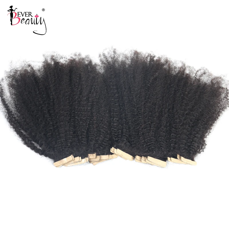 Afro Kinky Curly Tape In Human Hair Extensions Seamless PU Skin Weft Hand Tied Tape In Adhesive Invisible Mongolian Ever Beauty