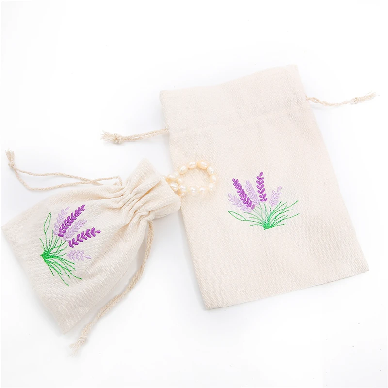 Hot selling New Fashion 2 Sizes Handmade Canvas Embroidered Portable Cream-colored  Package Lavender Drawstring  Packaging Bag