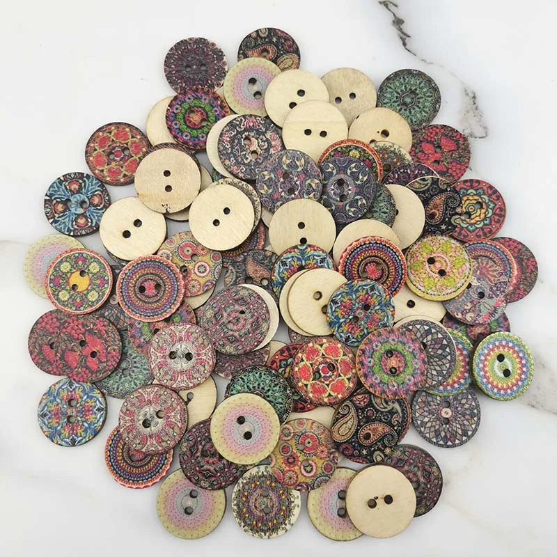 (100pcs mix) 2 Holes Wood Buttons For Craft Round Sewing Scrapbook DIY Home Decoration Vintage painted print