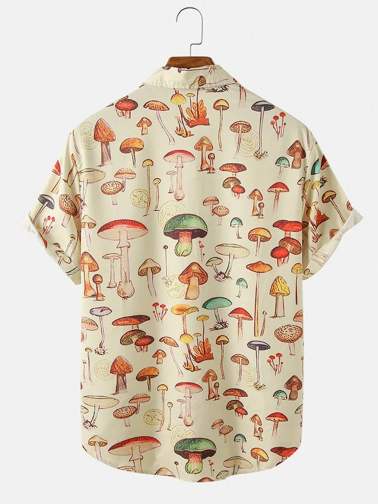 2022 Summer Men Hawaiian Shirts Lapel Chest Pocket Short Sleeve Colorful Element Mushroom Pattern Print Button Up Casual Shirt