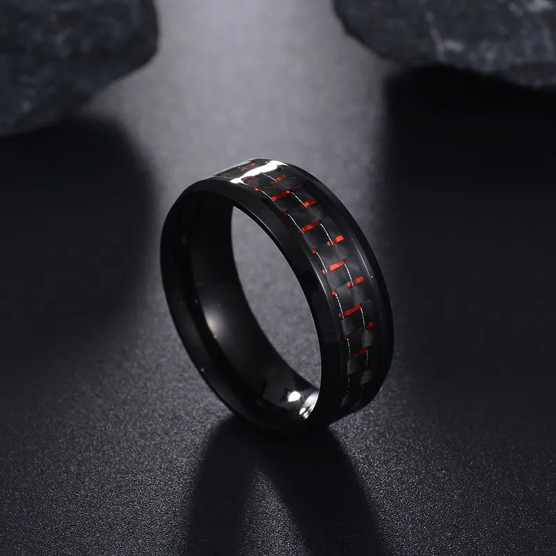 Trendy 8MM Wide Punk Carbon Fiber Lattice Ring Red Blue Lattice Couple Ring  For Women Men Unique Jewelry Party Wedding Gifts