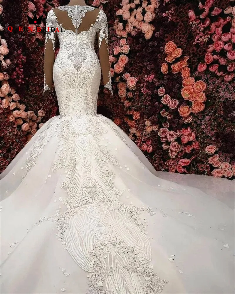 Luxury Wedding Dress Mermaid Long Sleeve Tulle Crystal Beaded Diamond 2023 New Design Muslim Bridal Dresses Custom Made SH09