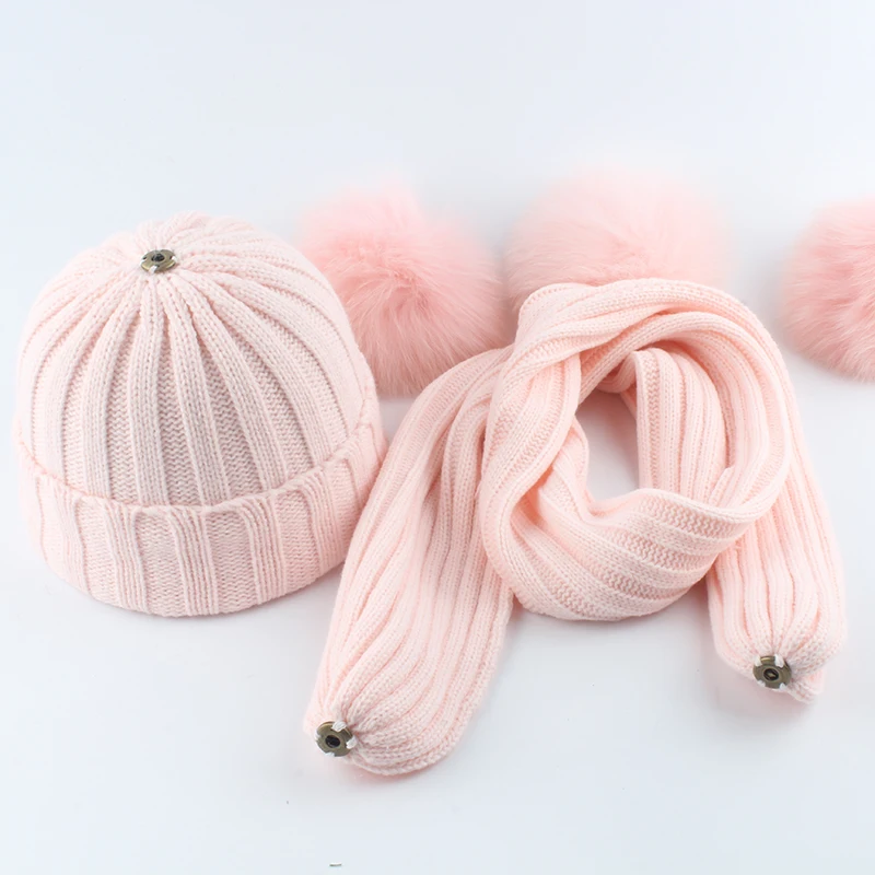 Gorro de punto con pompón de piel auténtica para niños y niñas, conjunto de bufandas, traje de bebé, gorros, bufanda, invierno cálido, 2 a 6 años,