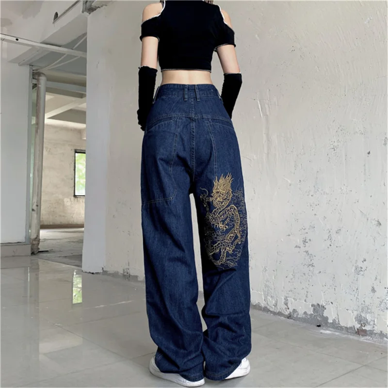 American Retro Street Loose Embroidered Straight-leg Jeans Women 2022 New Casual All-match High-waist Mopping Wide-leg Trousers