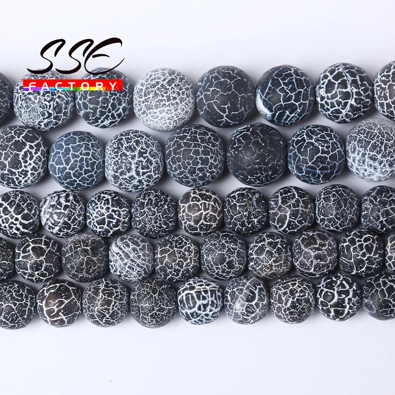 Round Frost Cracked Black Crab Agates Beads Natural Loose Beads For Jewelry Making DIY Bracelets Necklaces 15\'\' 4/6/8/10/12mm