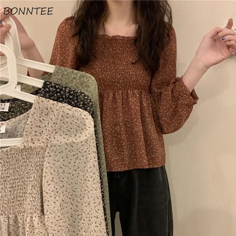 Blouse Women Sweet Korean Style Lovely Ladies Simple Lantern Sleeve Ruffles Popular Square Collar Thin Prairie Chic Holiday Tops