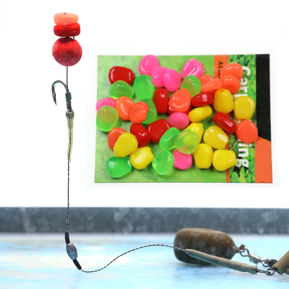 JIGEECARP 50pcs Carp Fishing Jigging Lure Soft Fake Corn Silicone Corns for Pop Up Hair Rig Boilie Carp Bait Peaca