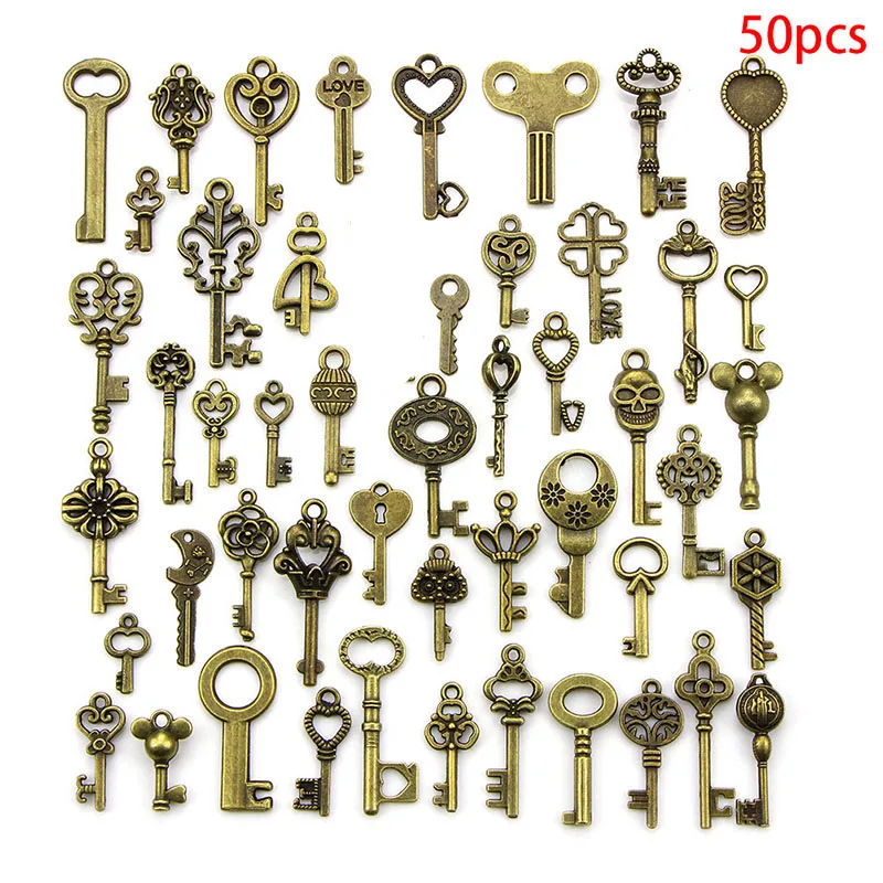 50pcs/lot Vintage Brass Metal Mixed Each Different Key Charms DIY Handmade Jewelry Decoration Key Pendant Charms