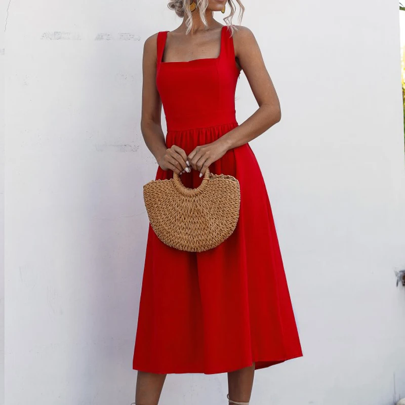 Summer Elegant Beach Robe Midi Dresses Women 2020 Square Collar Sexy Strap Backless Party Red Dresses Women's Tea-Length Gowns