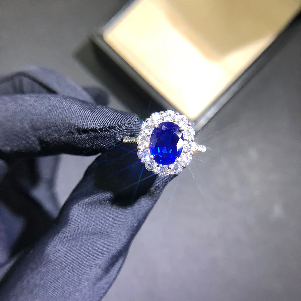KNRIQUEN 100% Sterling Silver Created Moissanite Royal Blue Sapphire Gemstone Wedding Engagement Party Women\'s Ring Fine Jewelry