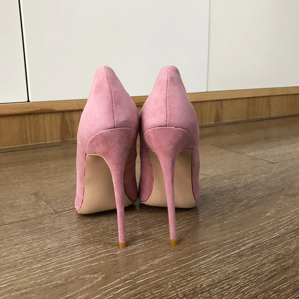 Veowalk Pink Flock Women Curl Cut Pointed Toe Stiletto Pumps Elegant Ladies Suede HIgh Heel Shoes for Party Office 8cm 10cm 12cm