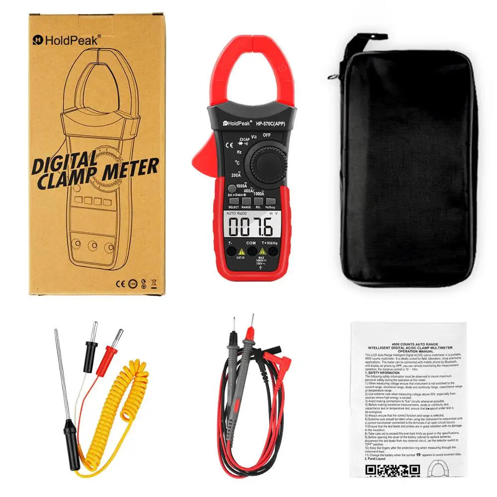 HP-570T-APP Digital Clamp Multimeter Connect with APP via Bluetooth, Amp Ohm Tester,4000 Counts AC/DC Voltage AC/DC Current