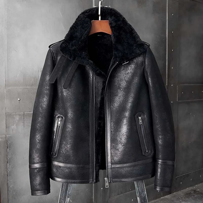 

New Mens B3 Shearling Coat Black Leather Jacket Winter Outwear Natural Sheepskin Motorcycle Overcoat