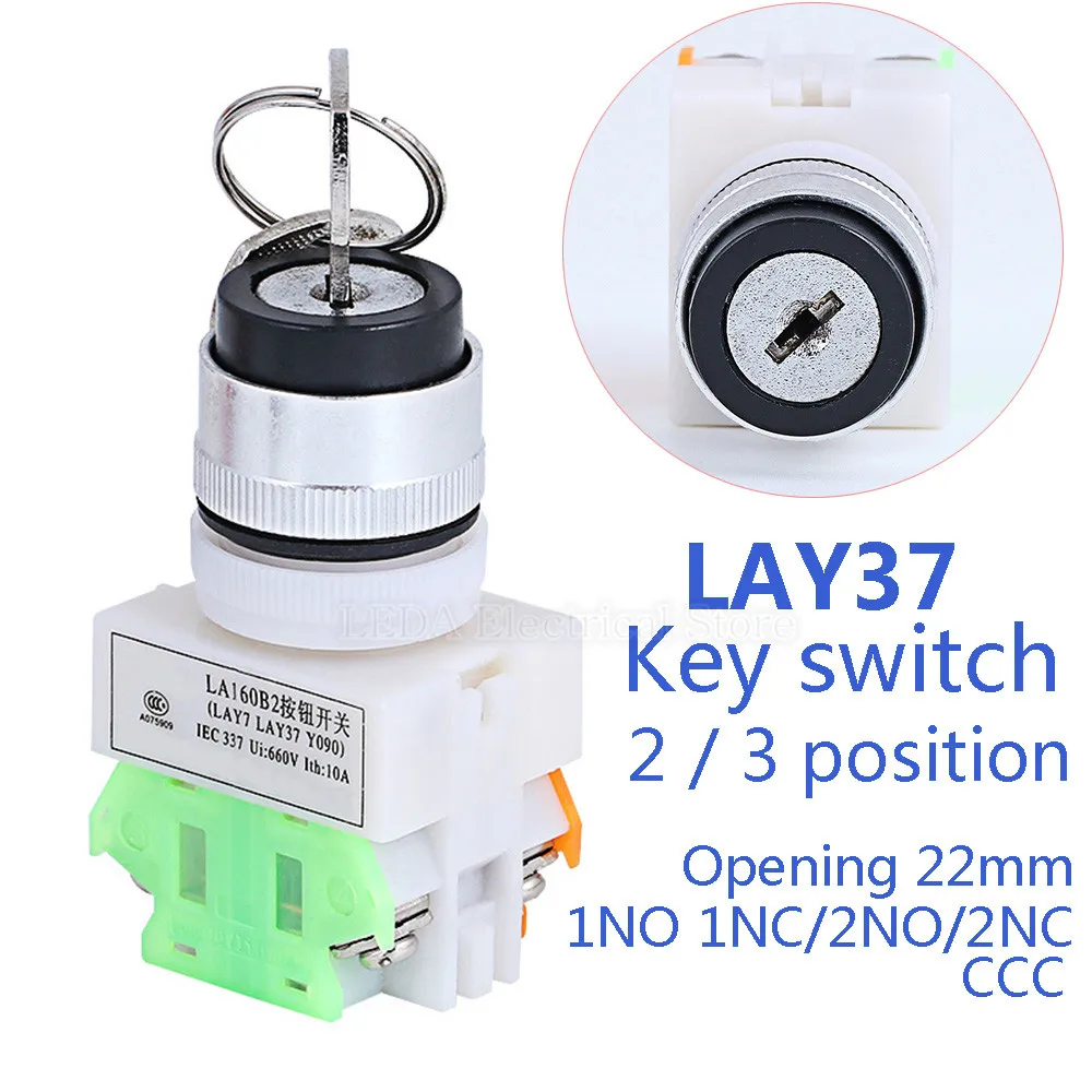 

1Pcs LAY37-11Y2 20Y3 Y090 DPST 2 / 3 Position 1NO 1NC / 2NO Rotary Selector Key Lock / Reset Push Button Switch