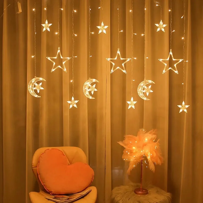 Novo led lua estrela cortina luzes da corda 220v plugue da ue guirlanda de natal luzes de fadas para festa de casamento casa decoração ramadan