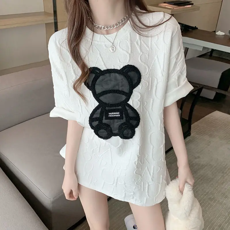 EasyGarment Spring Summer Thick Loose T-shirt For Women Bear Embroidery Hip Hop Korean Style Casual Top