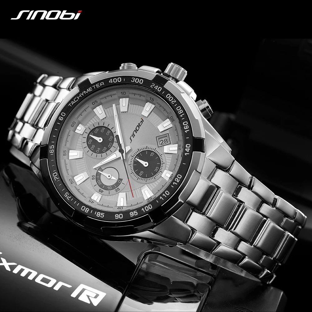 SINOBI Luxury Business Men\'s Quartz Watch 44mm Dial Plate Calendar Date Sports Waterproof Wristwatch Chronograph Clock for Men