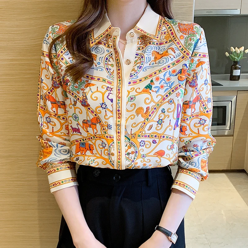 Modne eleganckie bluzki damskie koszule damskie z nadrukiem kwiatowym nowe wiosenne topy z długim rękawem Blusas Mujer