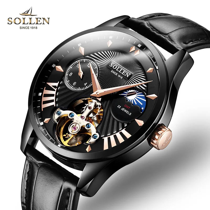 Luxury Brand Switzerland SOLLEN Automatic Mechanical Men's Watches Sapphire Multiple Time Zone Luminous Moon Phase Clocks SL302