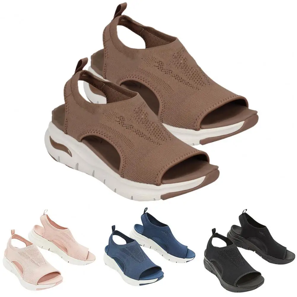 Trendy Women Sandals Wedge Fish Mouth Breathable Summer Shoes Thick Sole Hollow Out Sports Sandals Slip-On Shoes for Beach