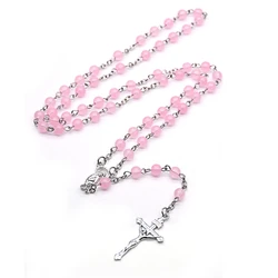QIGO Catholic Jewelry Long Pink Glass Beads Virgin Cross Rosary Necklace For Women Religious Gifts