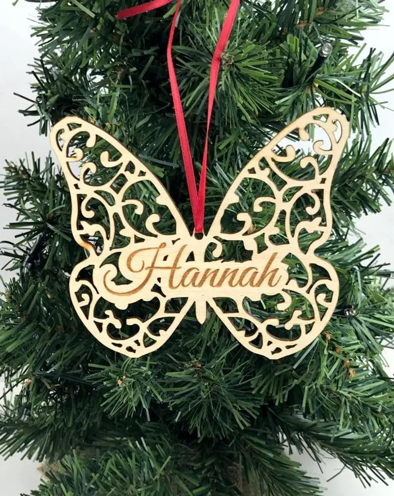 

Butterfly Ornaments, Christmas Ornaments, Custom Wood cut out, Holiday Ornament, Name Ornament, Remembrance Ornament, Wooden But