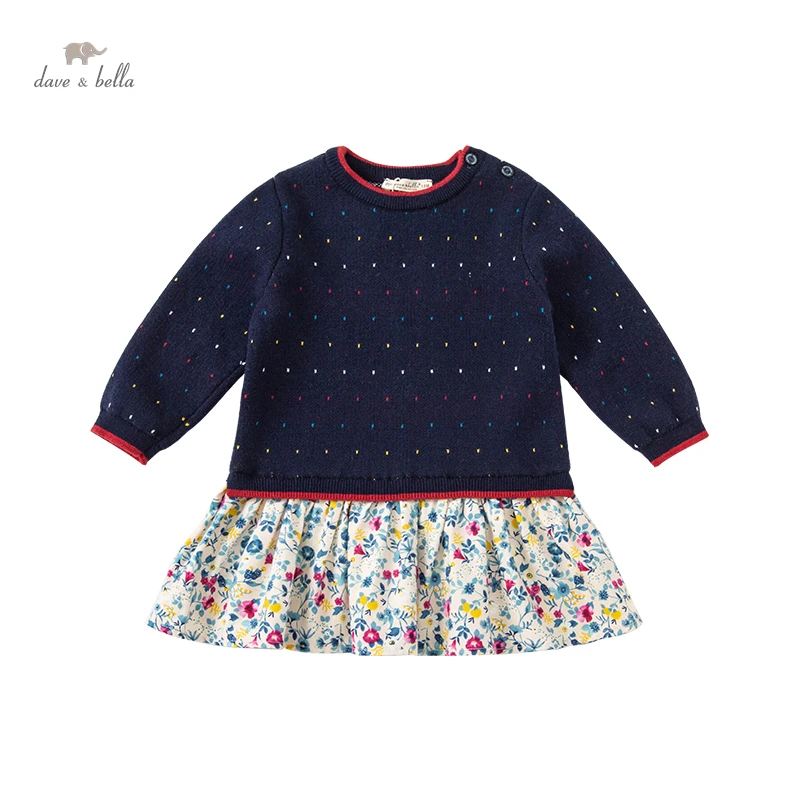 DBJ18858 dave bella autumn baby girl's cute floral dots sweater dress children fashion party dress kids infant lolita clothes