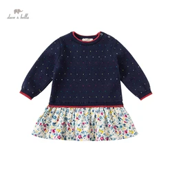 DBJ18858 dave bella autumn baby girl's cute floral dots sweater dress children fashion party dress kids infant lolita clothes