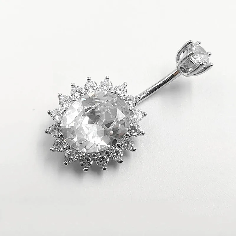 925 Sterling Silver White Purple Zircon Sun Flower Sunflower Belly Piercing Button Men Women Rings Navel Body Jewelry 1.5 MM