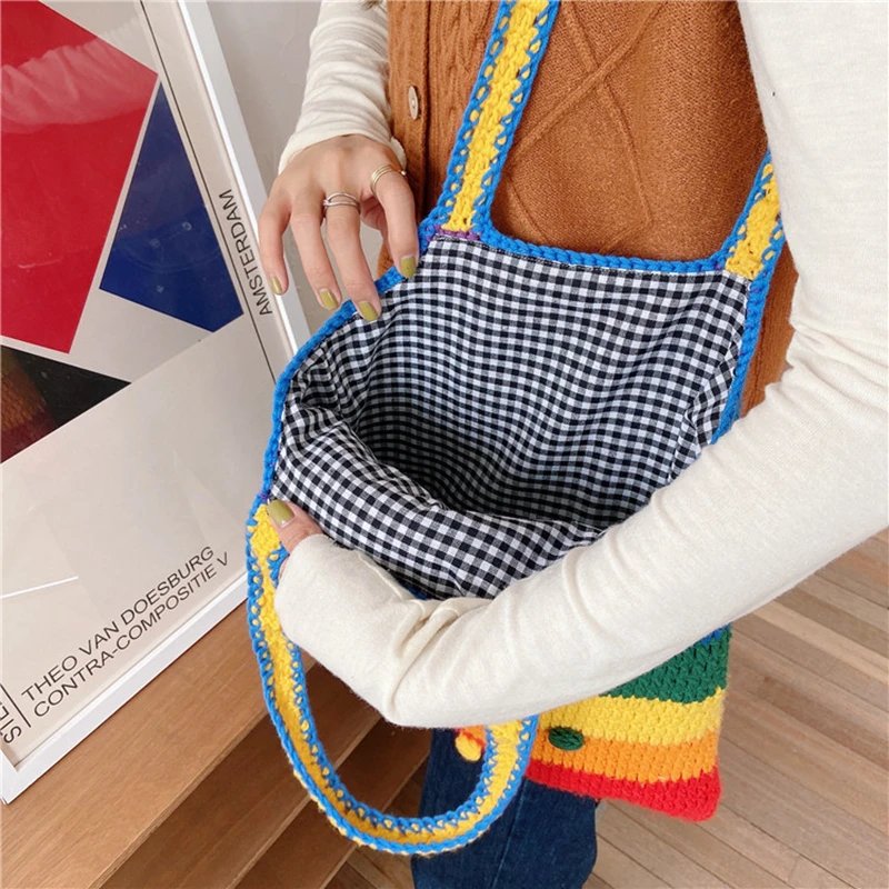 Youda New Design Knitted Rainbow Colors Women Shoulder Bags Classic Large Shopping Bag Casual Ladies Handbags Girl\'s Tote