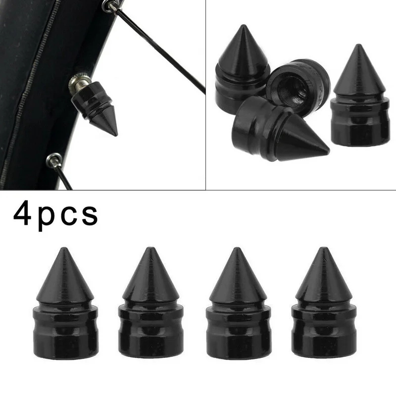 4pcs Black Aluminum Alloy Nipple Caps Spike Cone Car Tuning Tire Rim Wheel Air Port Dust Cover Stem Valve Caps Car Accessories