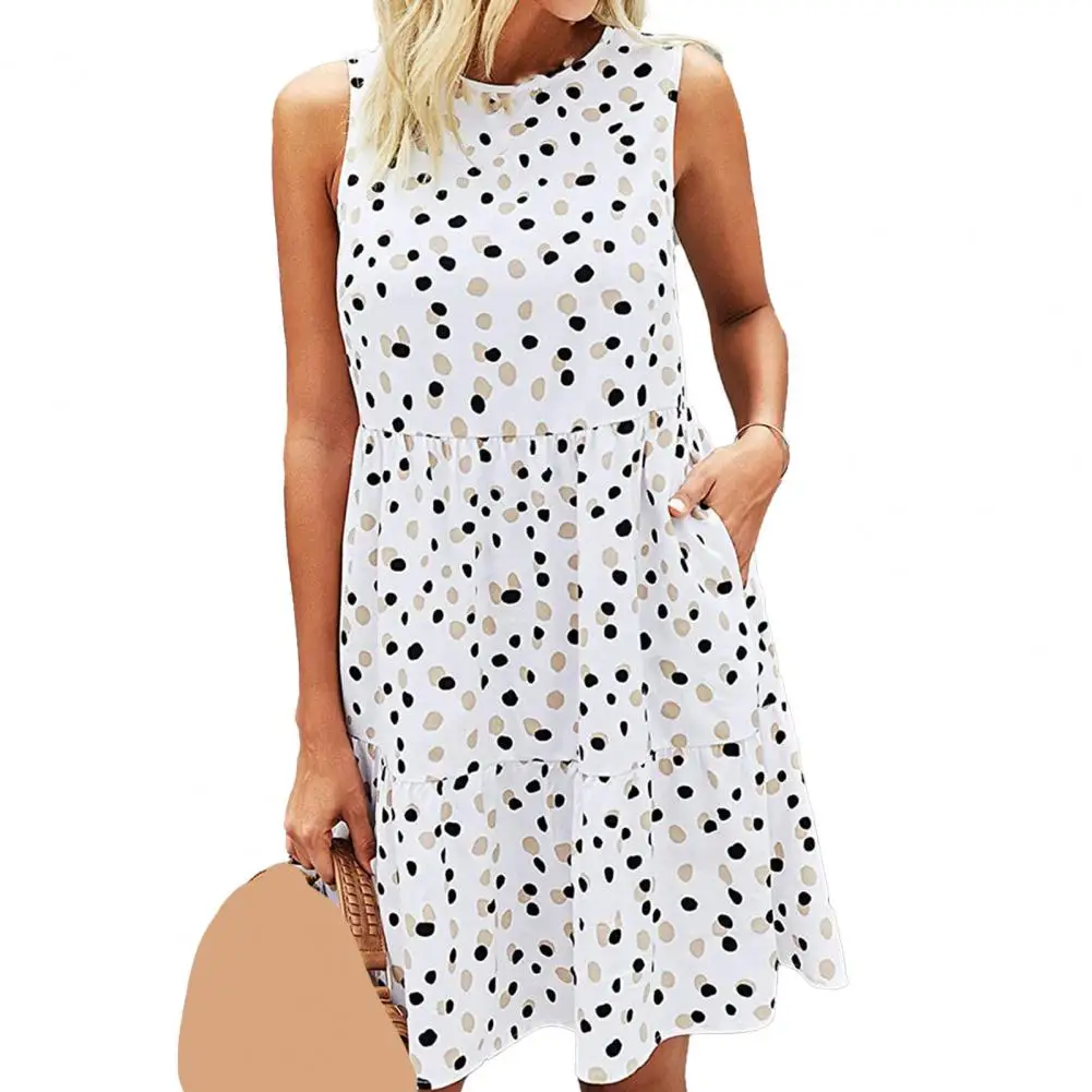 Summer Women Sundress O Neck Dots Print senza maniche orlo grande abito allentato al ginocchio per ufficio abbigliamento donna muslimexmuslimate 2021