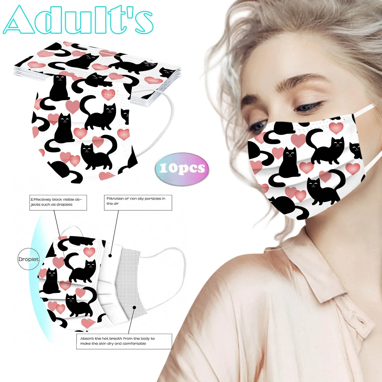 10/50pcs 3ply Ear Loop Outdoor Sport Face Mask Mascarilla Adult's Cute Cat Print Masks Disposable Meltblown Cloth Face Mask