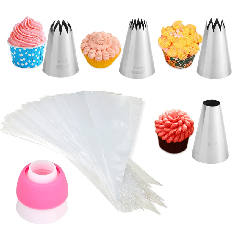 

Free Shipping 4pcs Stainless Steel Large Cake Decoration Icing Tips Set with 10pk Disposable Pastry Bags,1pcs Plastic Coupler