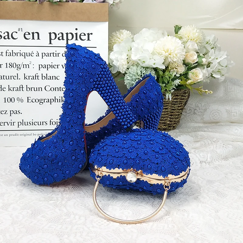 BaoYaFang Royal Blue Flower Wedding shoes and bags sets Ladies Platform shoes woman High heel shoes Thick Heel heart purse