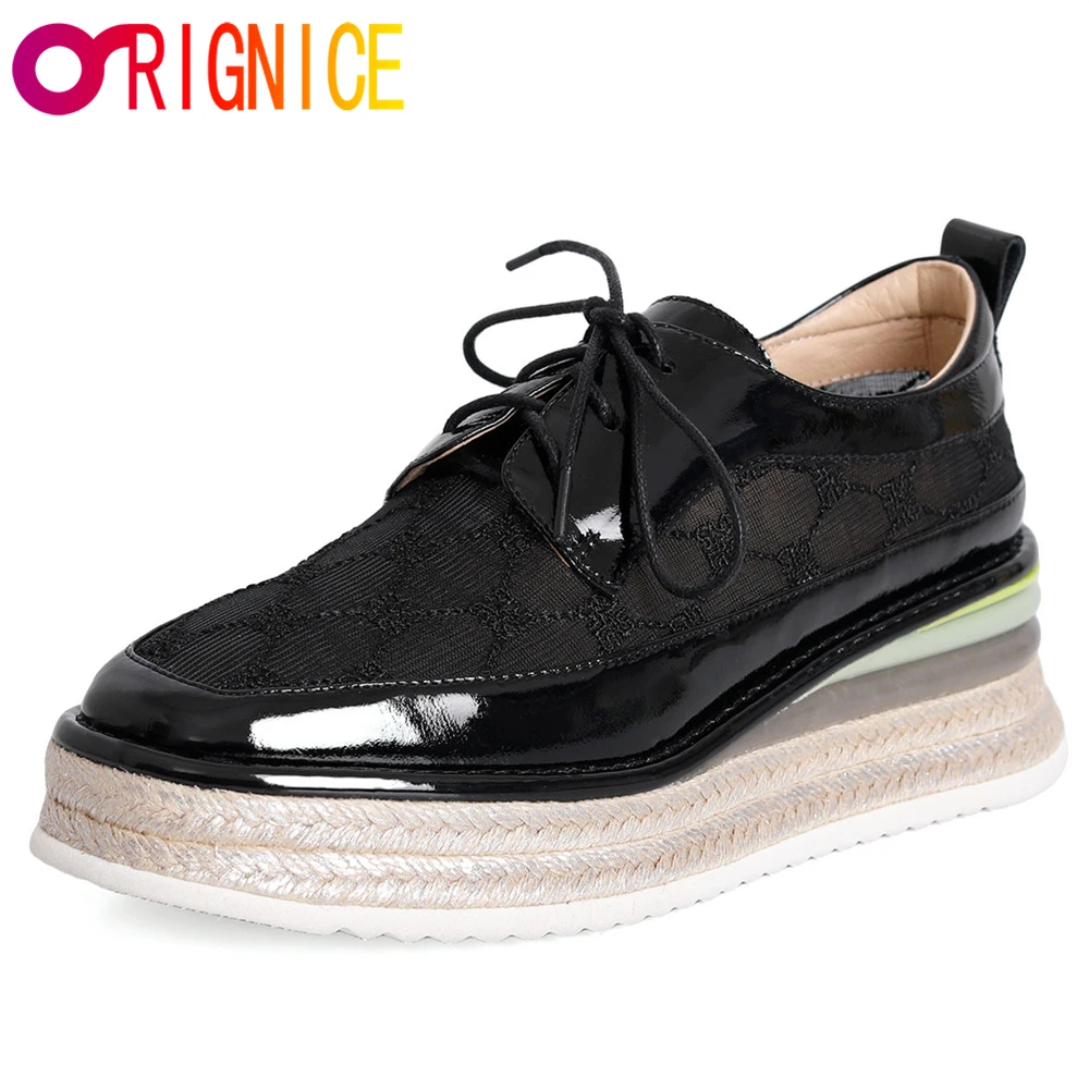 

Orignice New Arrival Women Cow Leather Flats Breathable Mesh Platform Lace Up Solid Color Round Toe Casual Street Shoes Handmade