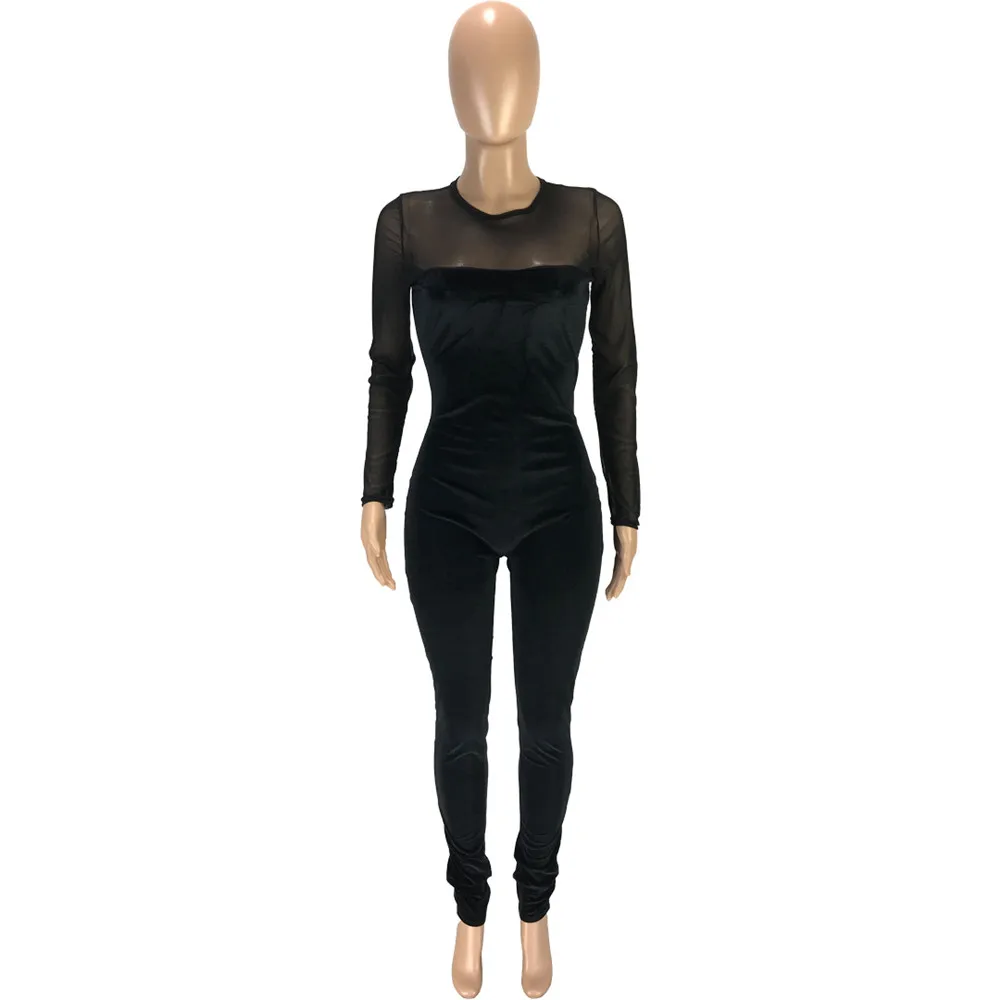 Sexy pura retazos malla mono de terciopelo de manga larga de las mujeres de Skinny Mujer prendas mono elegante Slim Bodycon mono Club