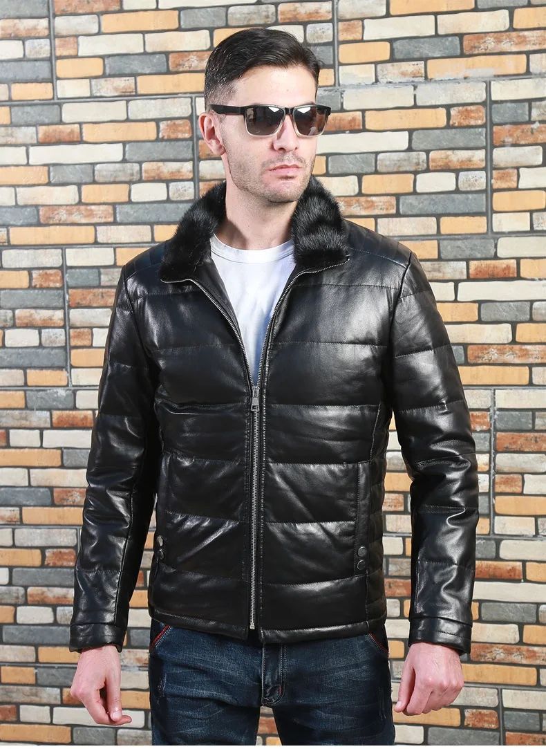 shipping.Mens winter Free warm genuine leather jacket.20% white duck down coat.quality soft real leather clothes.Mink Collar