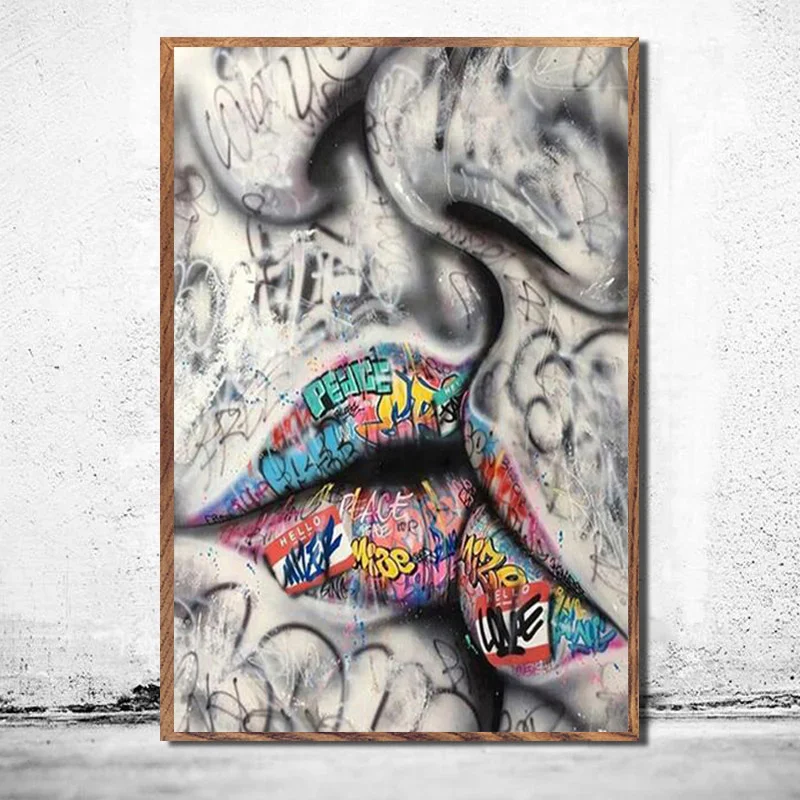 Abstract Street Graffiti Art Lover Kissing Canvas Painting Posters and Prints Hand Wall Art Picture for Living Room Home Decor