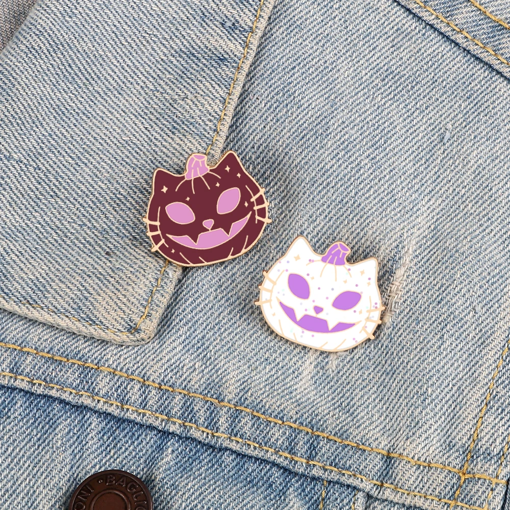 Funny Pumpkin Cat Alloy Purple White Brooches Halloween Cartoon Enamel Pin Badges Backpack Gift For Friend Kid Wholesale Jewelry