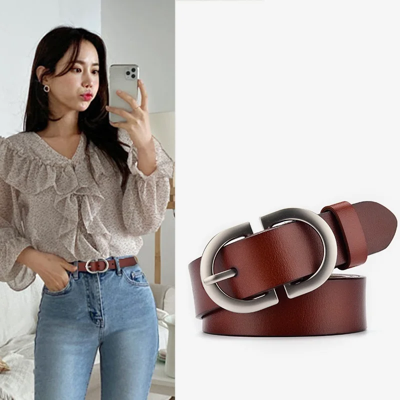 Women\'s Belt Genuine Leather ladies fashion metal round buckle belt jeans wild luxury brand belts for womenLD032