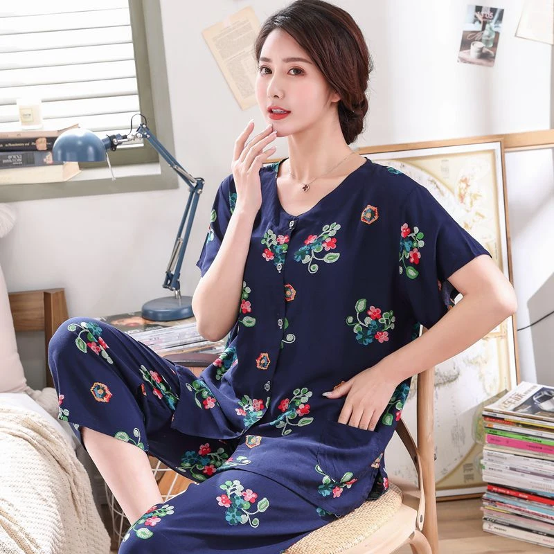 2PC Women Cotton Pajamas Set Summer New Thin Floral Short Sleeve Loose Sleepwear Casual Homewear Female Pyjamas  3XL