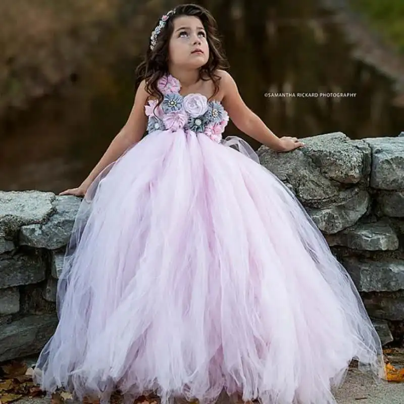 Abito tutù da ragazza di fiore rosa e grigio Abito da sposa in tulle Abiti da sposa per ragazze Robe Demoiselle Rose Abito per vestiti per ragazze