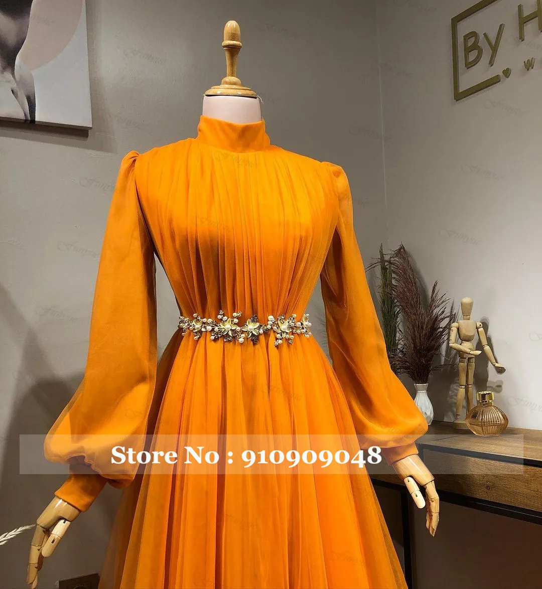 Customized Orange Musilm Prom Dresses Long Sleeve High Neck A-Line Tulle Dubai Arabic Evening Gown Crystal Vestidos De Noche
