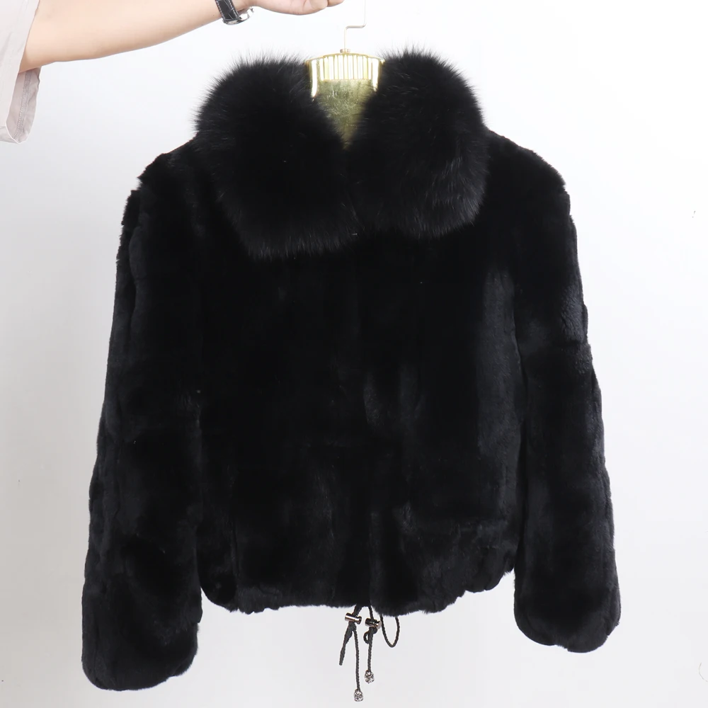 Hot Sale Women Winter Thick Warm Soft Quality Real Rex Rabbit Fur Coat Rex Rabbit Fur Jacket With Real Fox Fur Collar Overcoat