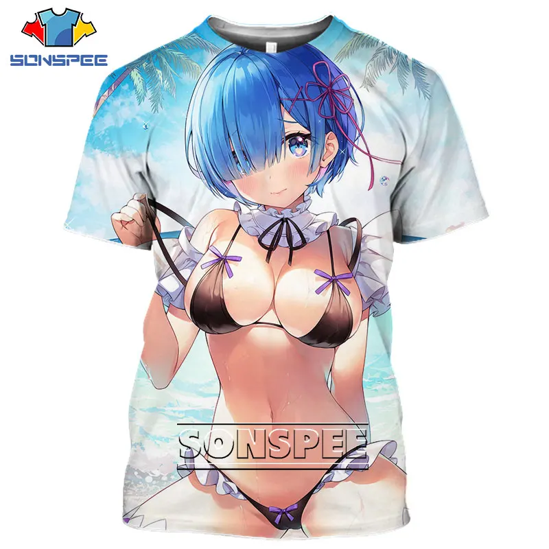 

SONSPEE Anime 3D Printing T-shirt Men's Women's Re Zero Rem Sexy Girl Swimsuit Party Pullover Loose Large Size Short Sleeves