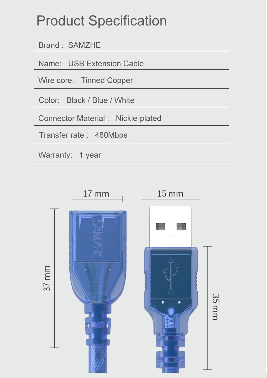 SAMZHE USB 2.0 Verlängerungskabel USB-zu-USB-Kabel 2.0 Stecker auf Buchse Verlängerungskabel Datenkabel für PC, TV, PS4, Computer, Laptop – Detail 11