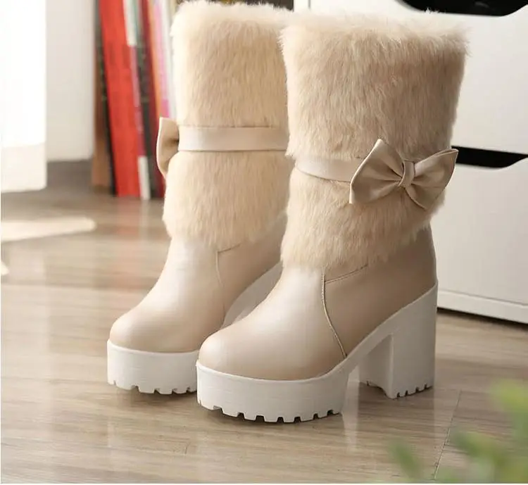 High-heeled snow boots female Lolita sweet bow student fur boots plus cashmere keep warm women shoes cute bowknot kawaii snow